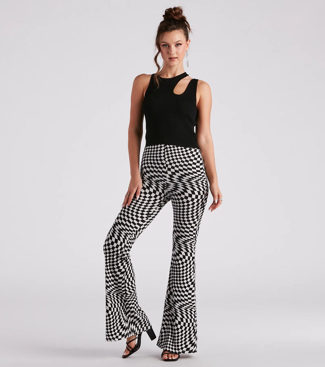 On Another Level Checkered Print Flare Pants | Windsor