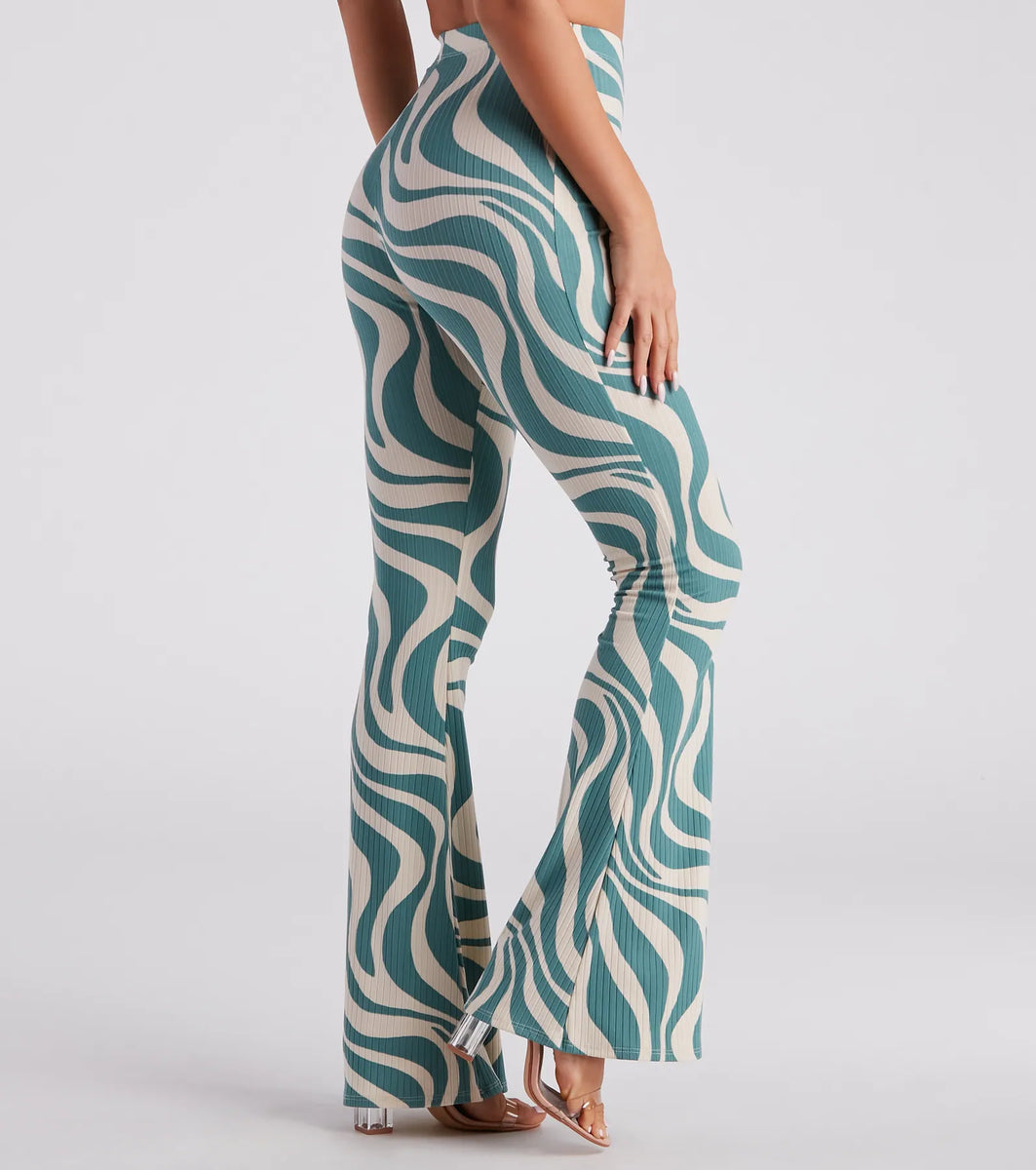 Flirty Retro Babe Swirl Print Flare Pants | Windsor