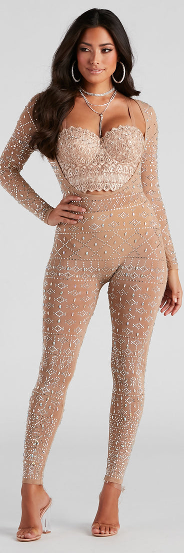 Iridescent Stunner Rhinestone-Embellished Natural Color Sheer Catsuit from Windsor.