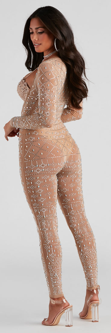 Allover embellishments on the Windsor best-selling Iridescent Stunner Rhinestone-Embellished Natural Color Sheer Catsuit.