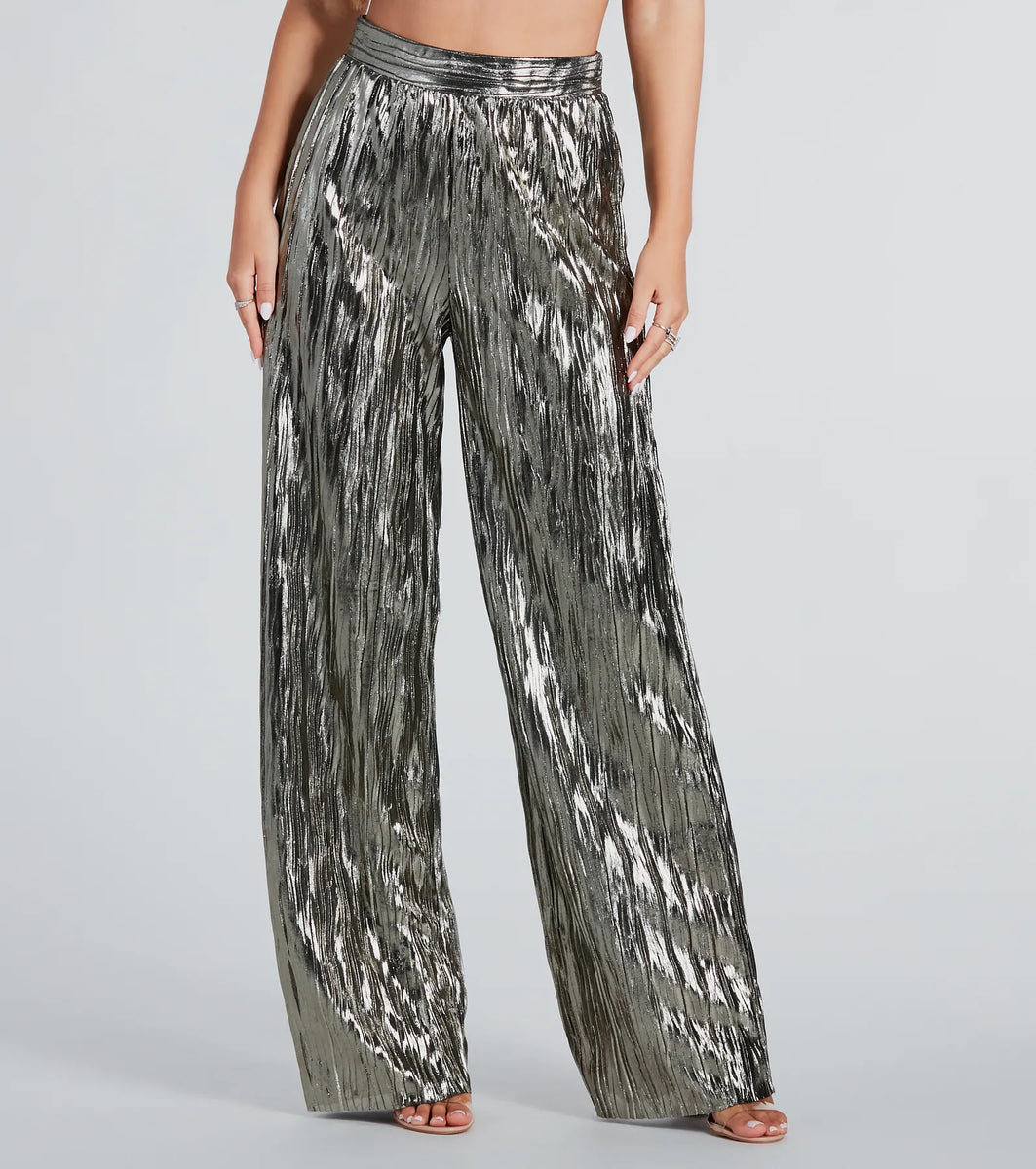 Dare To Impress Metallic Plisse Wide-Leg Pants | Windsor