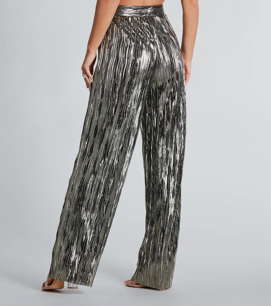 Dare To Impress Metallic Plisse Wide-Leg Pants | Windsor