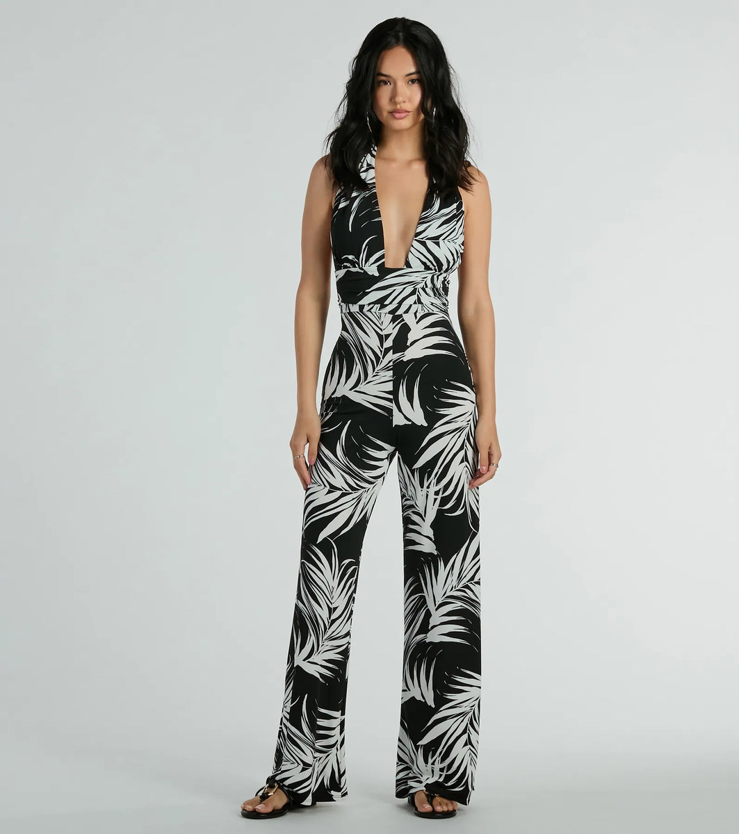 Navy White Tropical Strapless Wide Leg Jumpsuit