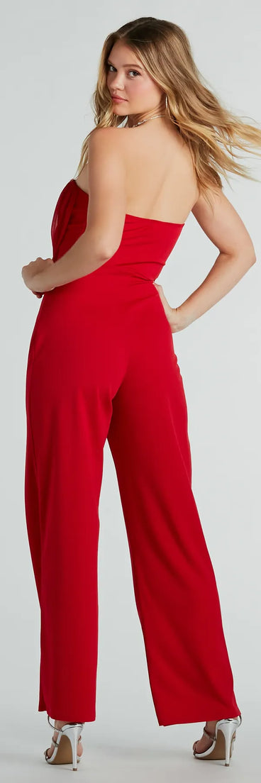 The Such A Chic Vibe Strapless Jumpsuit is a trendy women's bottom in red, designed with modern details and alluring textures to complete chic outfits for 2025.
