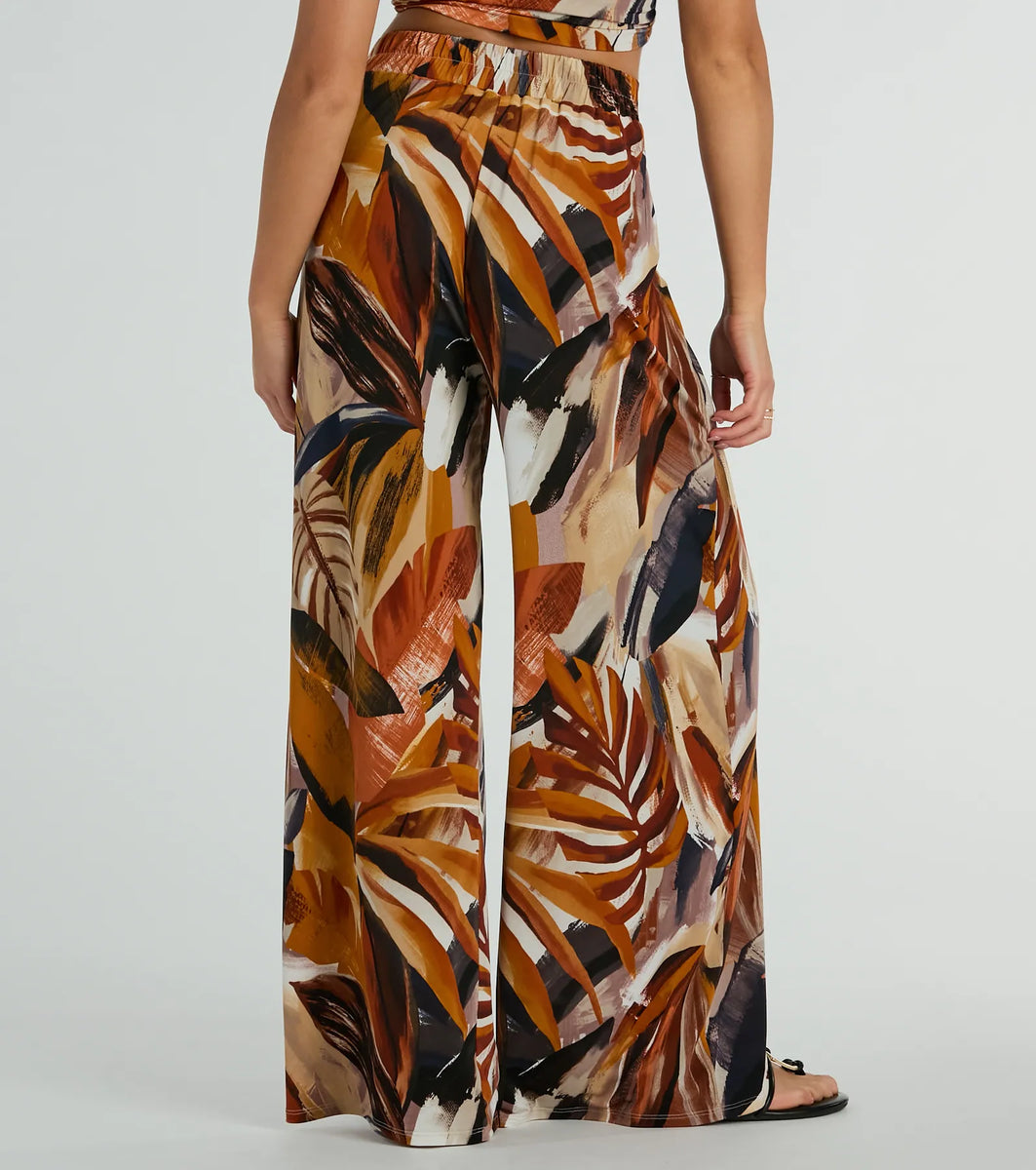 Mediterranean Art Knit Unique Sun Vortex Print Elastic Waist Wide Leg Pants