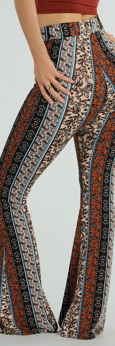 The Summer Dream Paisley Knit Flare Pants in multi-color is a versatile pair of women's pants with trendy design accents, crafted for holiday-ready looks, from office wear to sophisticated winter night outs.