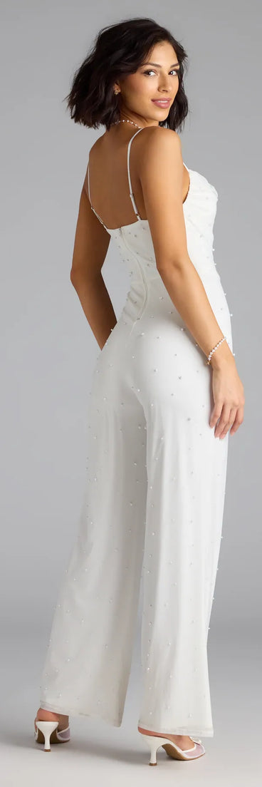 Step out in the Elevate Your Vibe Wide-Leg Faux Pearl Jumpsuit, a ivory jumpsuit made to elevate your vibe from brunch to after-dark plans with ease and polish.