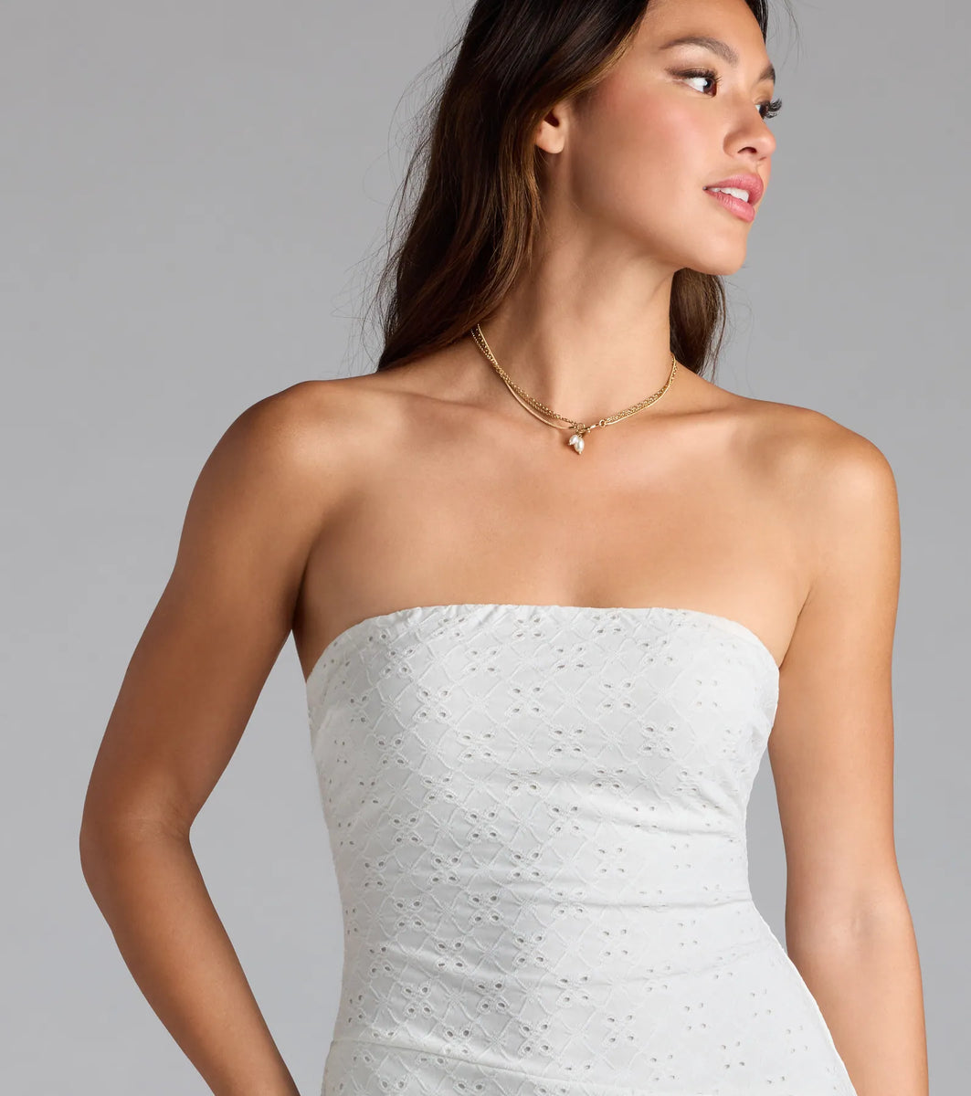 White Tiered Eyelet Lace Strapless Romper Dress