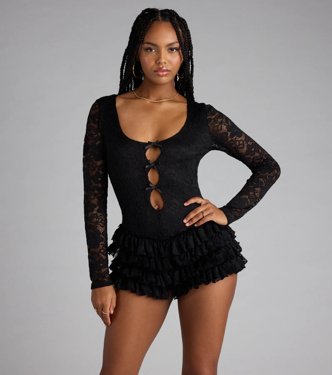 Formal Black Romper Murci Square Neck Long Sleeve Gathered Ruffle Hem Lace Mini Dress In Black Formal Black Romper Murci Square Neck Long Sleeve Gathered Ruffle Hem Lace Mini Dress In Black