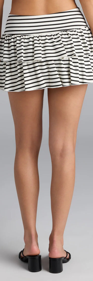 Designed for campus outfits, sleek workwear, and on-the-go moments, the Fun In Stripes Ruffled Mini Skort is a trendy black bottom for women bringing effortless fall versatility.