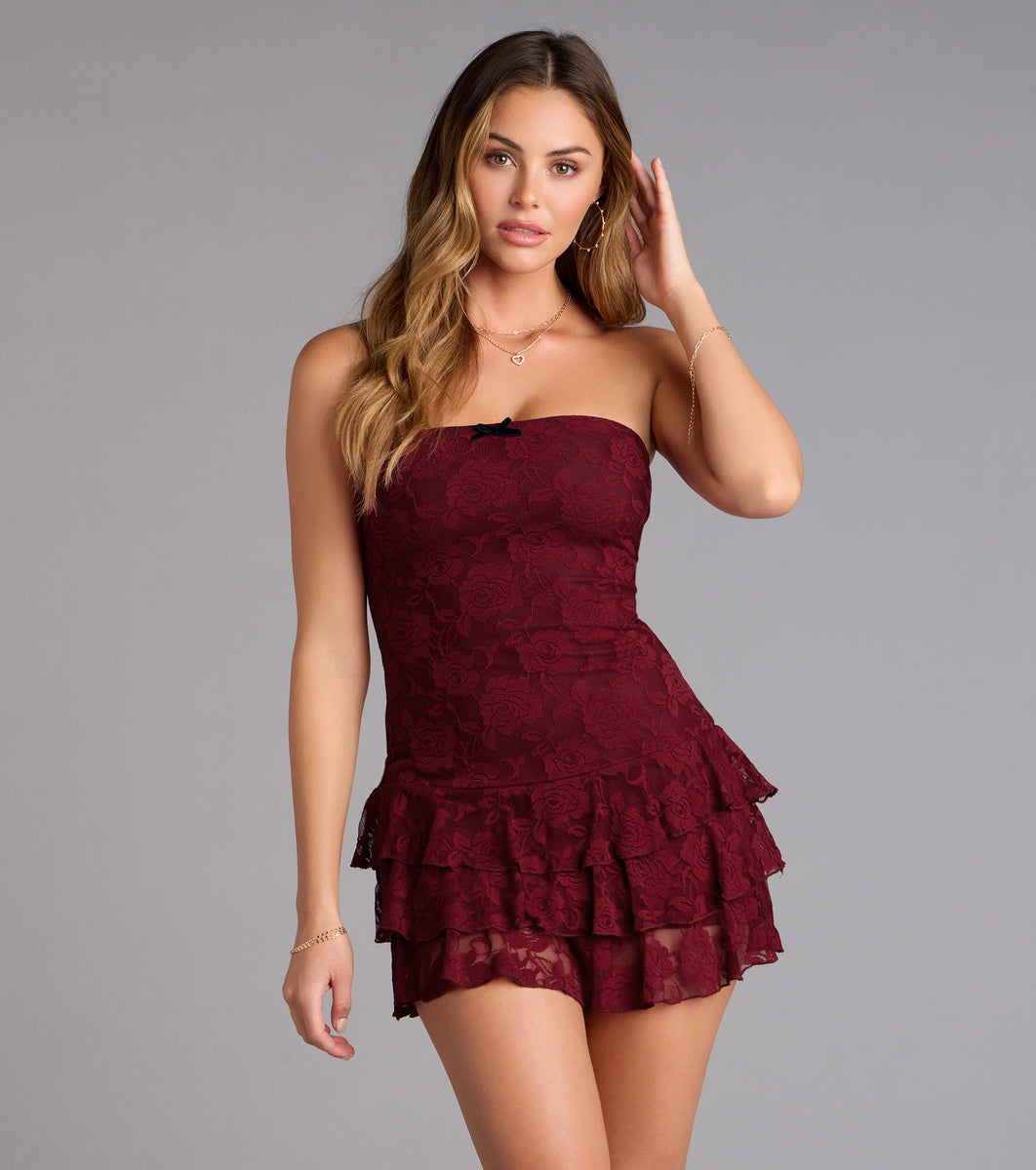 red lace romper dress Crush On You Lace Ruffle Romper