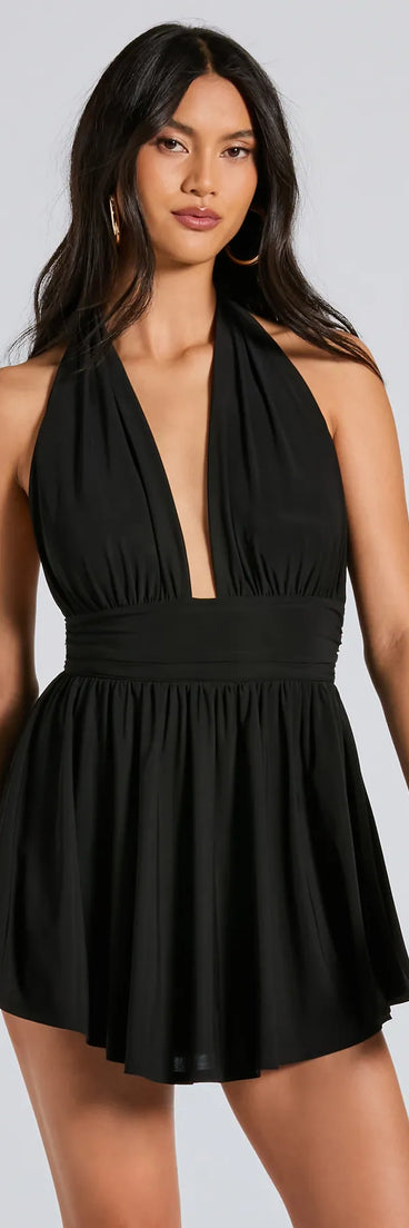Designed for campus outfits, sleek workwear, and on-the-go moments, the 50s Icon Halter Plunge Neck Skater Romper is a trendy black bottom for women bringing effortless fall versatility.