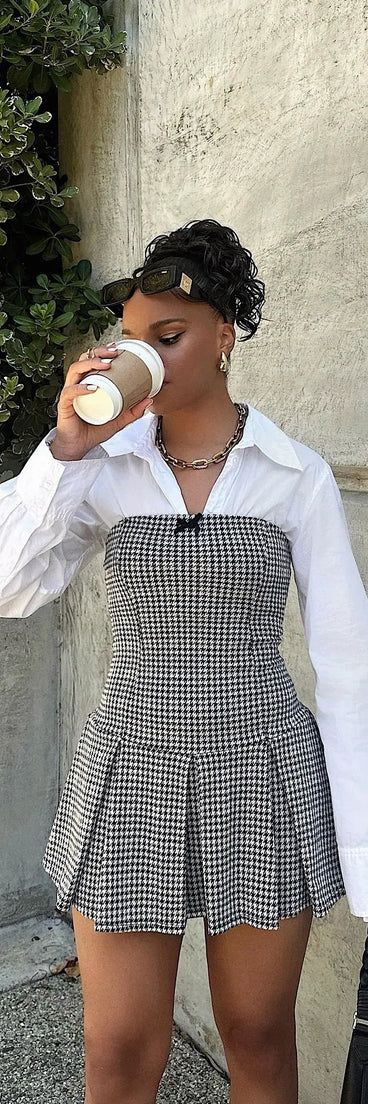 The Sweet Perception Strapless Plaid Pleated Romper is a trendy women's bottom in gray, designed with modern details and alluring textures to complete chic outfits for 2025.