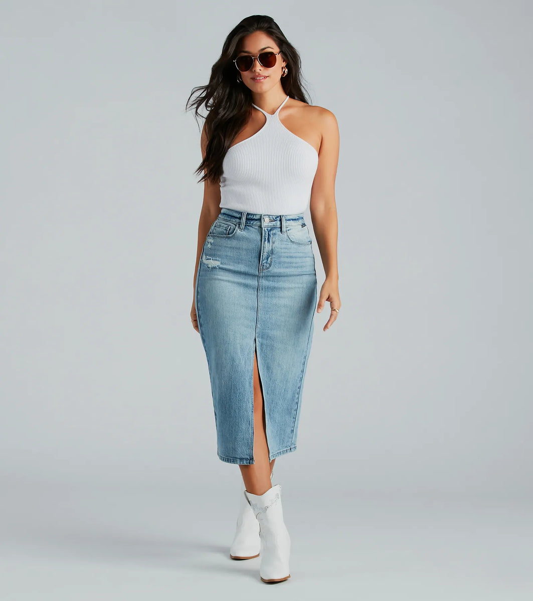 Edie Raw Hem Slit Denim Midi Skirt main image 1