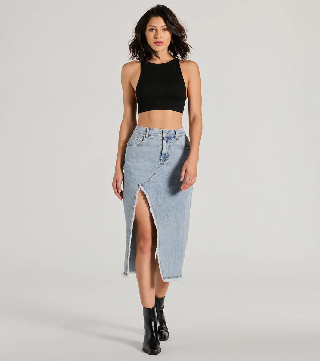 Cool Composure High-Rise Frayed Slit Denim Midi Skirt | Windsor Cool Composure High-Rise Frayed Slit Denim Midi Skirt | Windsor