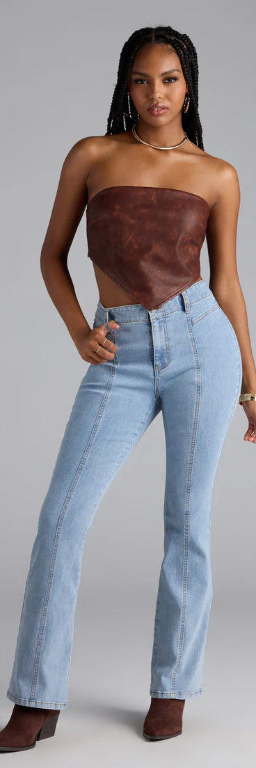 Upgrade your seasonal wardrobe with the Timeless And True High-Rise Bootcut Denim Jeans, trendy women's jeans in light blue made to mix, match, and stand out.