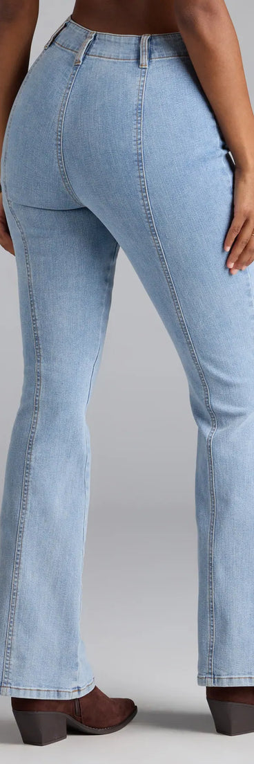 Elevate everyday looks with the Timeless And True High-Rise Bootcut Denim Jeans, a sleek pair of light blue jeans designed for comfort, shape, and style.