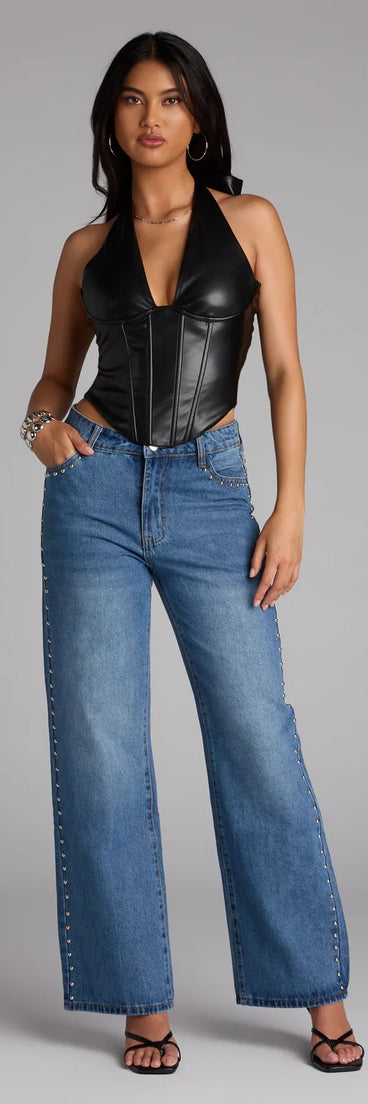 Stay polished and comfortable in the Stud Game Strong Mid-Rise Denim Jeans, trendy dark denim wash pants for women that transition from everyday looks to weekend slay.