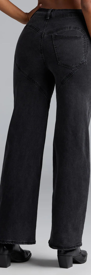 Elevate your going-out looks with the So Obsessed Rhinestone Cutout Straight Leg Denim Jeans, a sleek pair of black jeans designed for comfort, shape, and style.