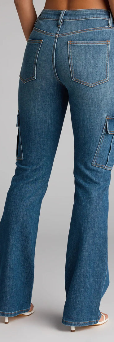 Style up your rotation with the Cool Girl Cargo Mid Rise Flare Denim Jeans, trendy dark denim wash jeans made to anchor every outfit with attitude and ease.