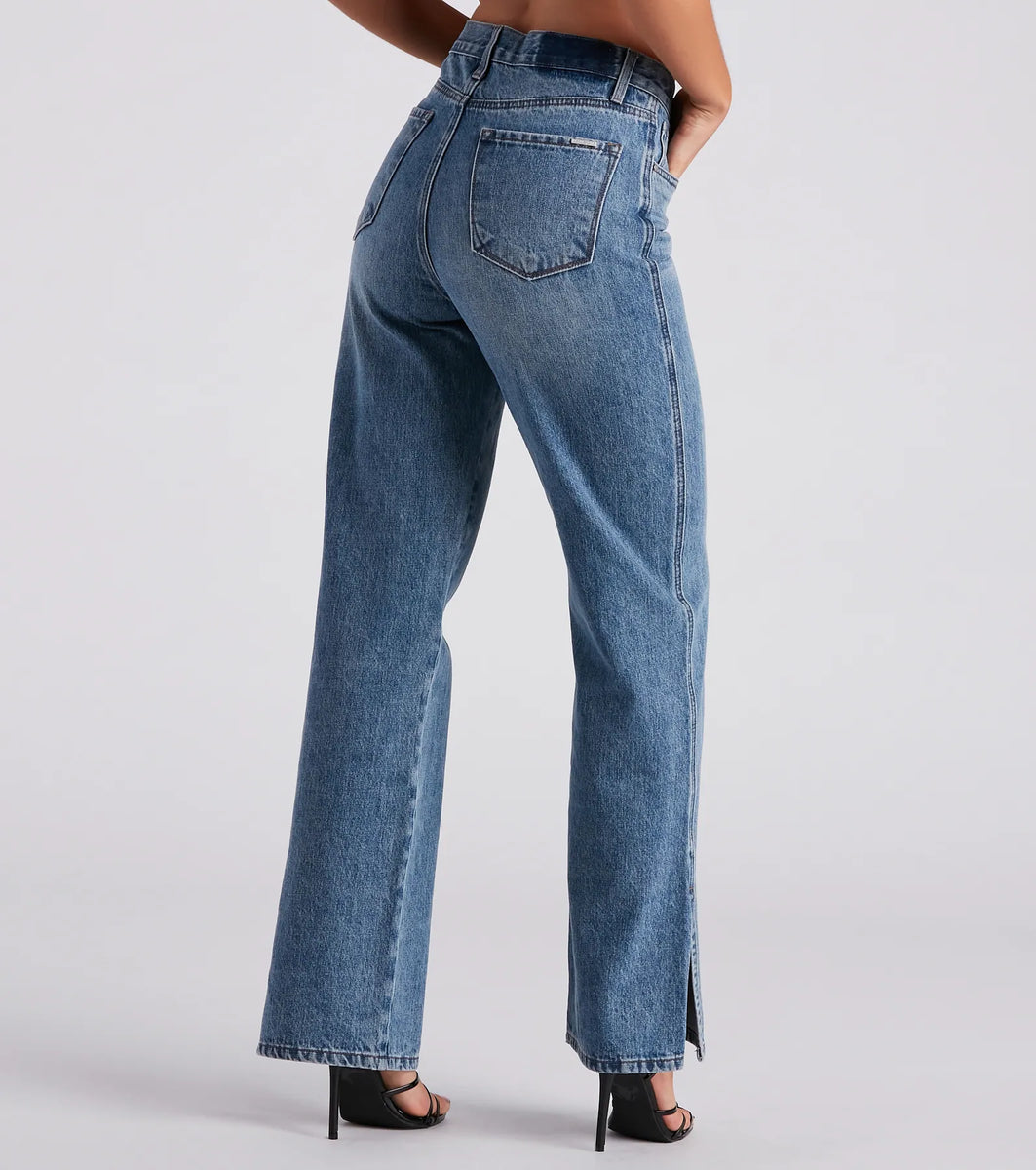 Low-Key Slay High Rise Wide Leg Slit Denim Jeans | Windsor