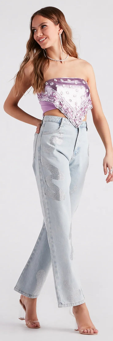 Blinged-Out Rhinestone Straight-Leg Jeans