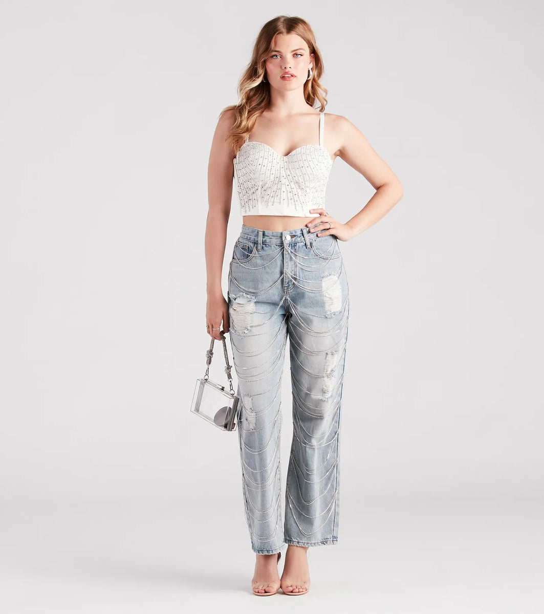 Glitzy Icon Rhinestone Draped Straight-Leg Jeans | Windsor
