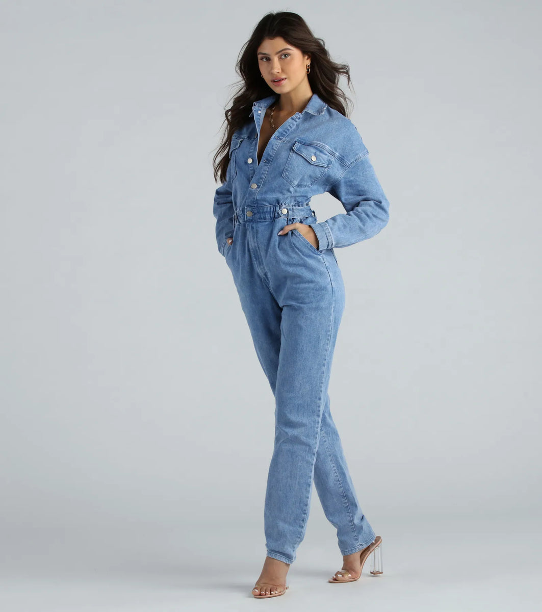 Vee Cut Denim Jumpsuit main image 1