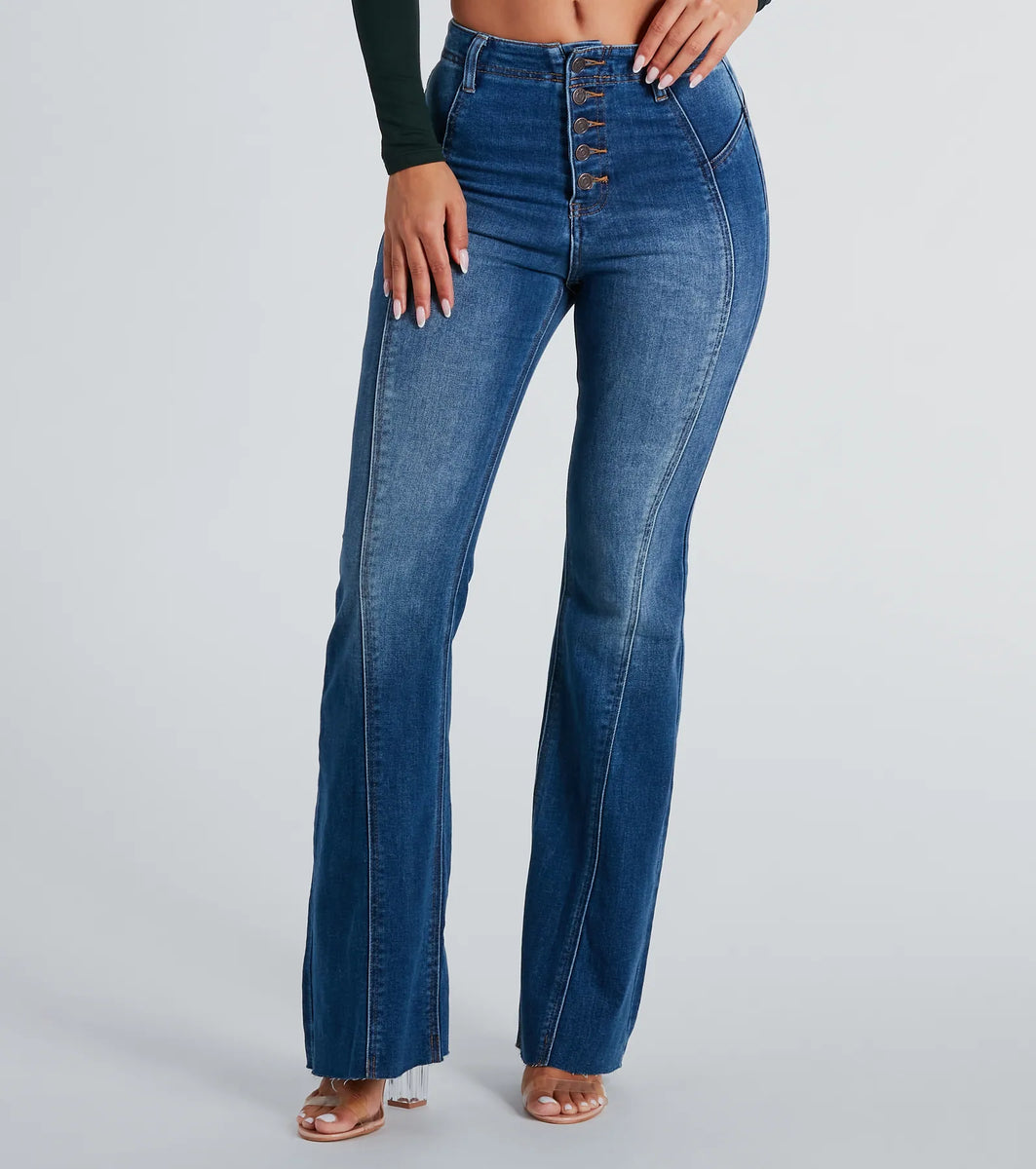 All Buttoned Up High-Rise Flare Denim Jeans | Windsor