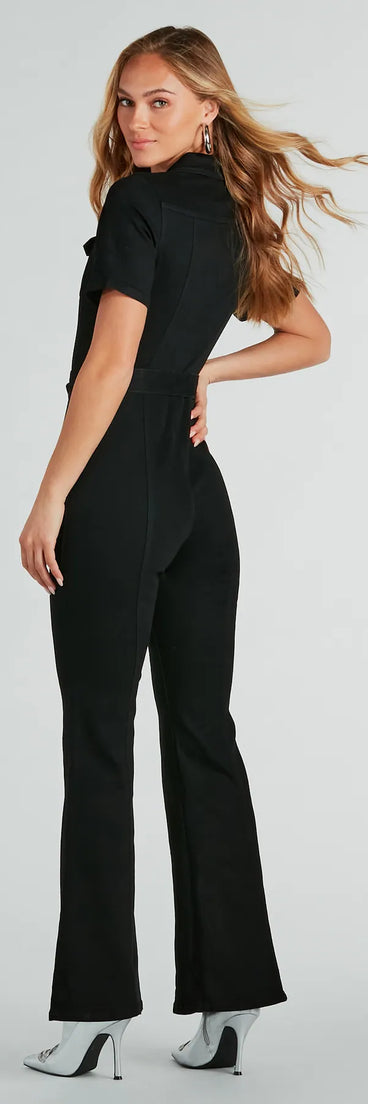 Revamped Retro Belted Flare Denim Jumpsuit