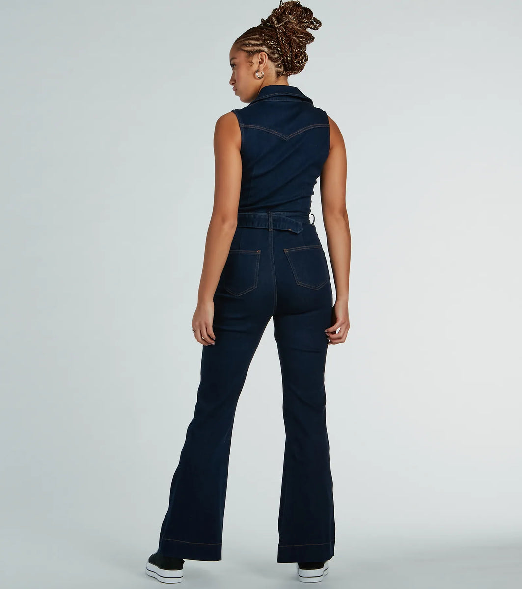 Retro Vibes Belted Flared-Leg Denim Jumpsuit | Windsor Retro Vibes Belted Flared-Leg Denim Jumpsuit | Windsor