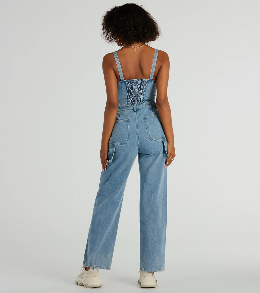 Trendy Perfection Button Up Wide Leg Denim Jumpsuit | Windsor Trendy Perfection Button Up Wide Leg Denim Jumpsuit | Windsor