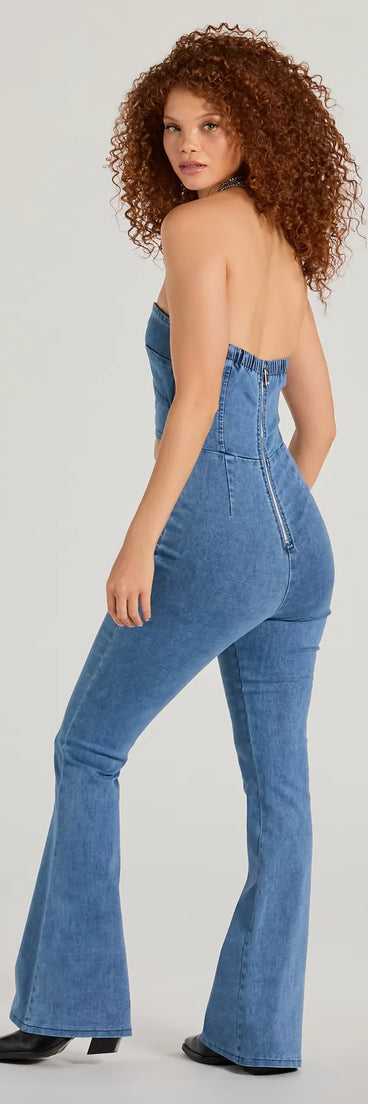 Double The Style Buckle Cutout Flare Denim Jumpsuit is a women's jumpsuit with an on-trend leg style and elevated fabric that adds texture, perfect for crafting effortless office-ready winter outfits.