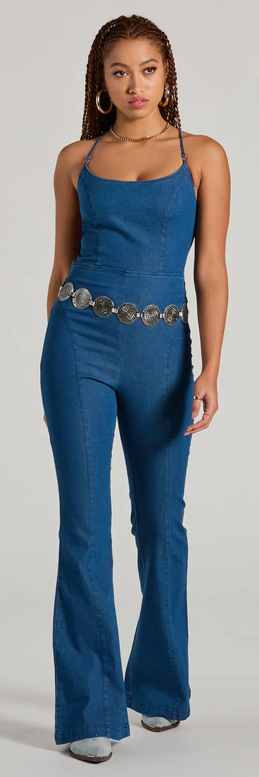 The Casual And Cool Lace-Up Flare Denim Jumpsuit is a stylish women's denim jumpsuit, perfect for creating easy winter outfits, from casual days to seasonal gatherings.