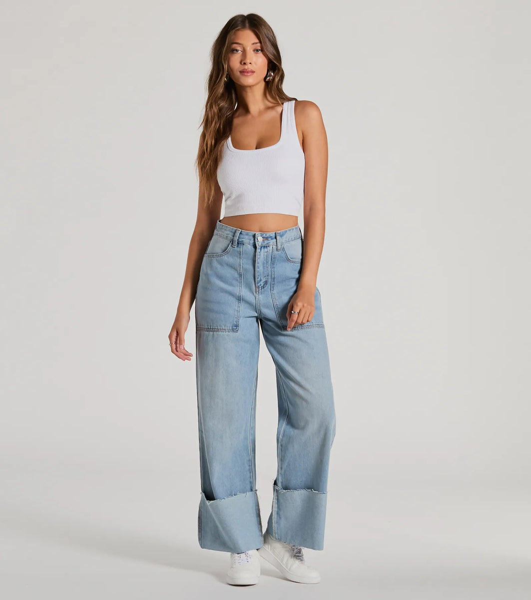 High-Waisted Wide-Leg Jeans with Cuffed Hem