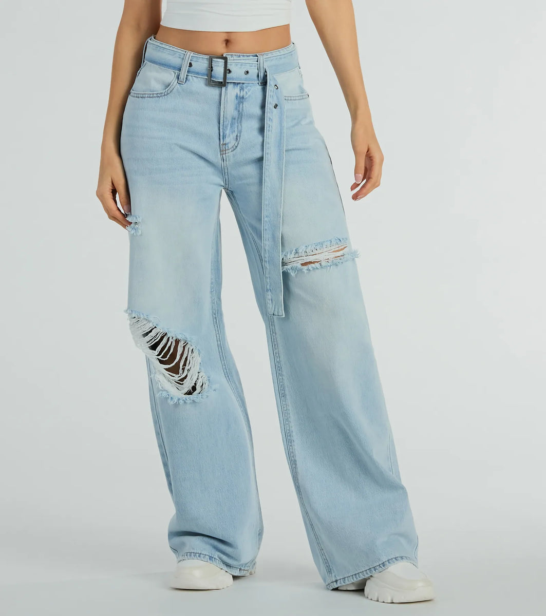 Cool Vibes High-Rise Belted Destructed Wide-Leg Jeans | Windsor Cool Vibes High-Rise Belted Destructed Wide-Leg Jeans | Windsor