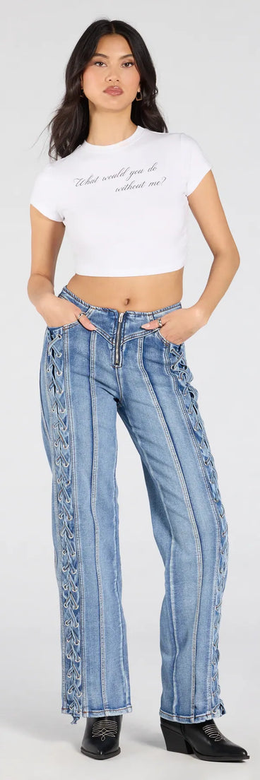 Designed for campus outfits, sleek workwear, and on-the-go moments, the Trendy Club Lace-Up Straight-Leg Jeans are trendy dark denim wash bottoms for women bringing effortless fall versatility.