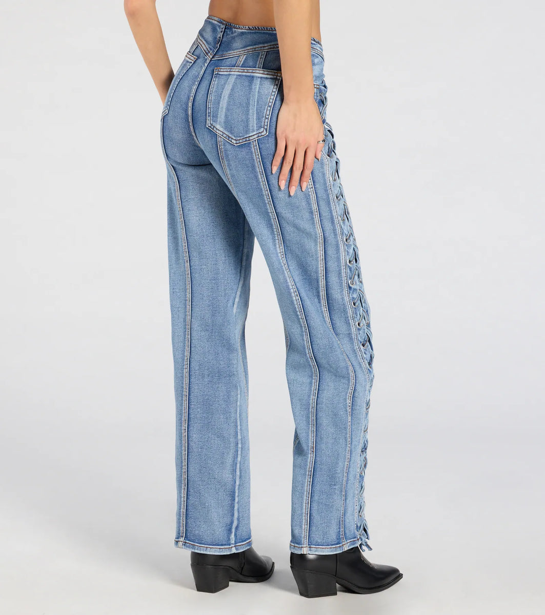 Trendy Club Lace-Up Straight-Leg Jeans | Windsor