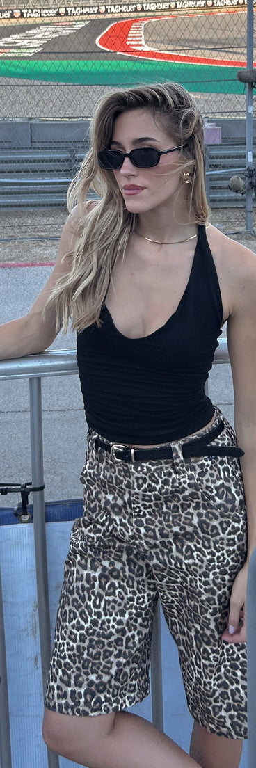 Running Wild Leopard Mid Rise Bermuda Denim Shorts