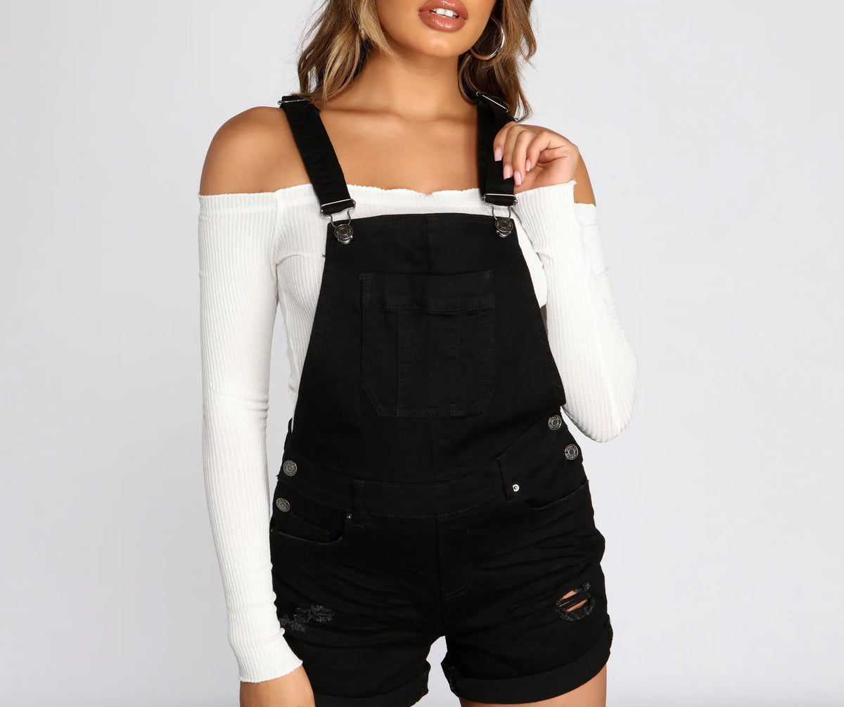 Distressed Denim Cuffed Overall Shorts | Windsor Distressed Denim Cuffed Overall Shorts | Windsor