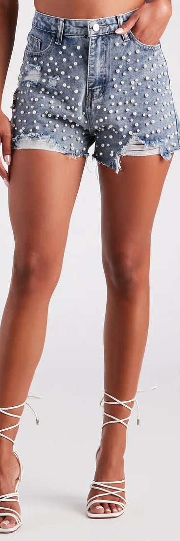 Gem Of The Sea Faux Pearl Denim Shorts