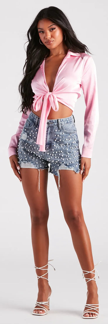 Gem Of The Sea Faux Pearl Denim Shorts