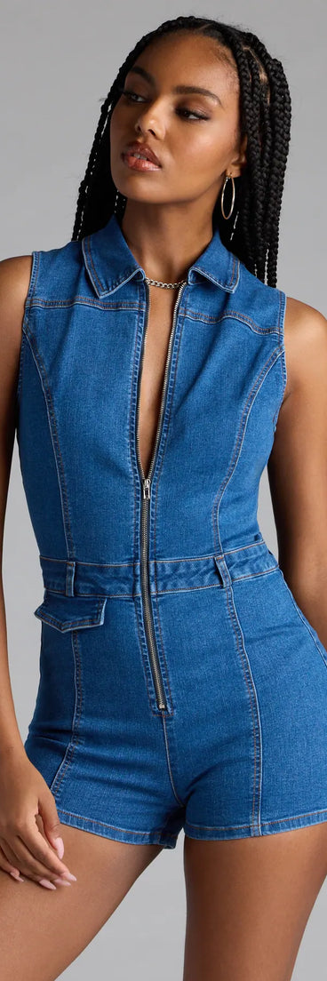 Choosing a medium denim wash romper like the Trendy Fab Zip-Front Denim Romper means you’re ready for anything—no outfit planning needed, just style, go, and glow.