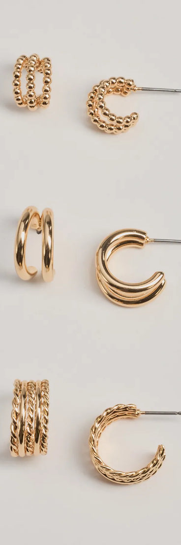 The Glam Attitude Three-Pack Hoop Earrings Set in gold is a women's workwear essential with an elevated fabric and chic silhouette, ideal for layering and versatile enough to take your look from office chic to going-out ready!