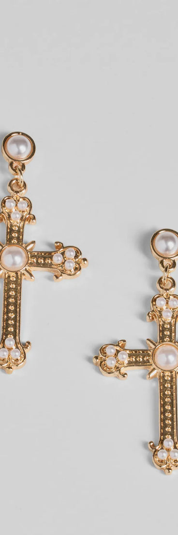 Blessed All Day Faux Pearl Cross Earrings