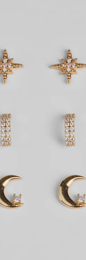 Celestial Glam Three-Pack Stud Earrings Set