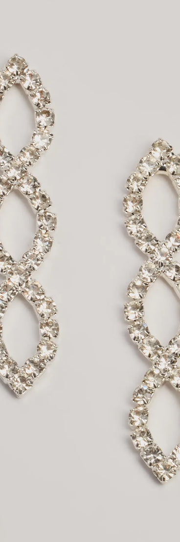The Luxe Moment Infinity Drop Rhinestone Earrings helps create a chic silver women's cocktail outfit with a trendy texture and stylish design, ideal for wedding guest cocktail outfits or dinner parties.