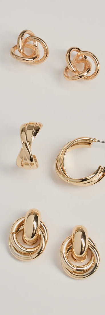 The Chic Twist Three-Pack Earrings Set in gold is a women's workwear essential with an elevated fabric and chic silhouette, ideal for layering and versatile enough to take your look from office chic to going-out ready!