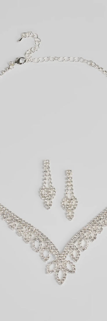 The Ultimate Glam Vibes Rhinestone Necklace And Earrings Set helps create a chic silver women's cocktail outfit with a trendy texture and stylish design, ideal for wedding guest cocktail outfits or dinner parties.