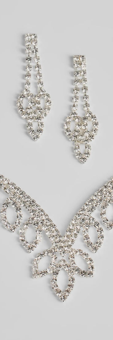 The Ultimate Glam Vibes Rhinestone Necklace And Earrings Set helps create a chic silver women's cocktail outfit with a trendy texture and stylish design, ideal for wedding guest cocktail outfits or dinner parties.